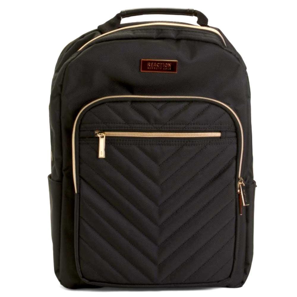 Dark Black Quilted Chevron Backpack with Gold Accents by Kenneth Cole Reaction.
